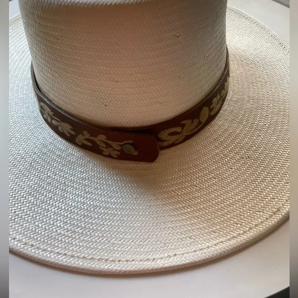 wyeth remy ivory white embroidered band western panama fedora straw sun hat NEW - Picture 6 of 8